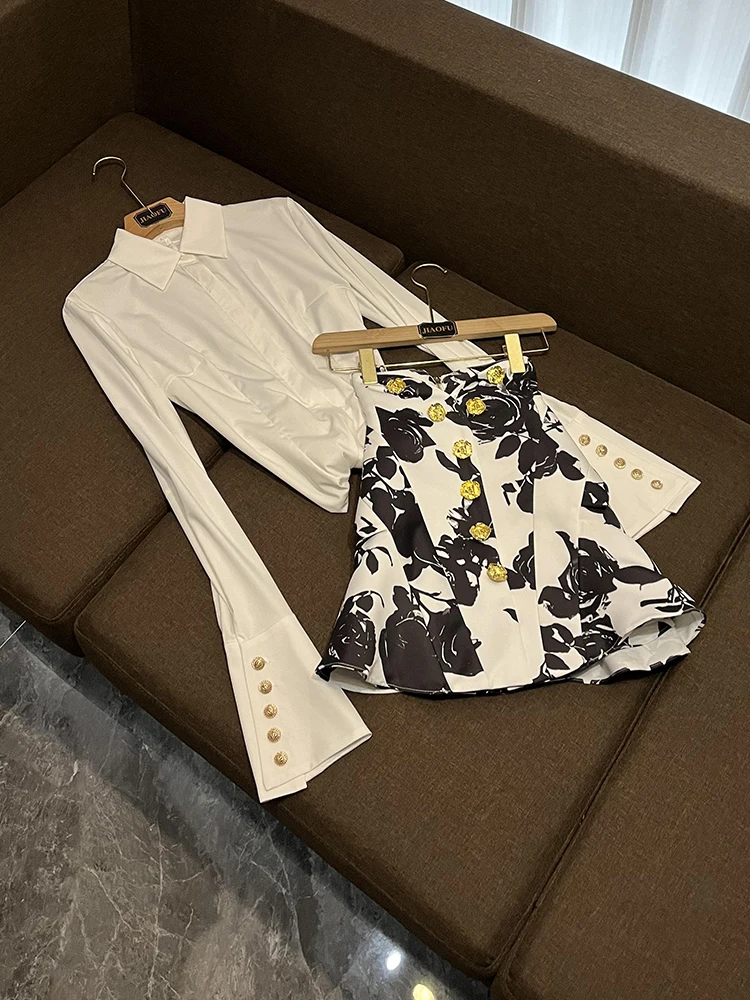 

Faionable Tulip Waistline Rose Print Metal Bule ort Skirt f-length White irt A03005 Women's Commute Sle Ensemble