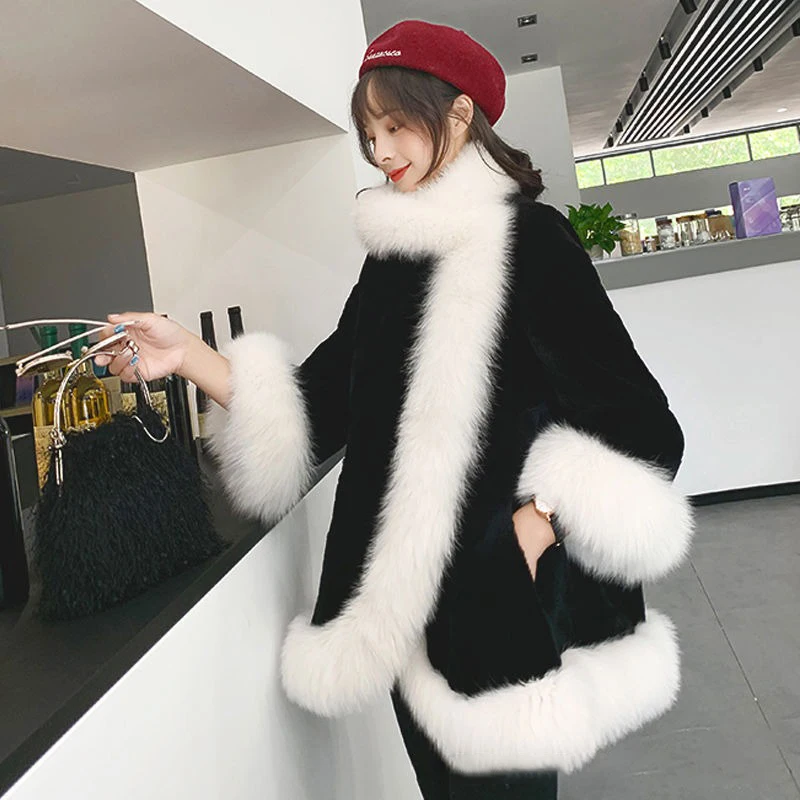 Winter Coat Fur Jacket Casual Outwear Women's Faux Fox Fur Coat Mid-length Plush Coat Loose Furry Womens Clothing Fox Fur Collar