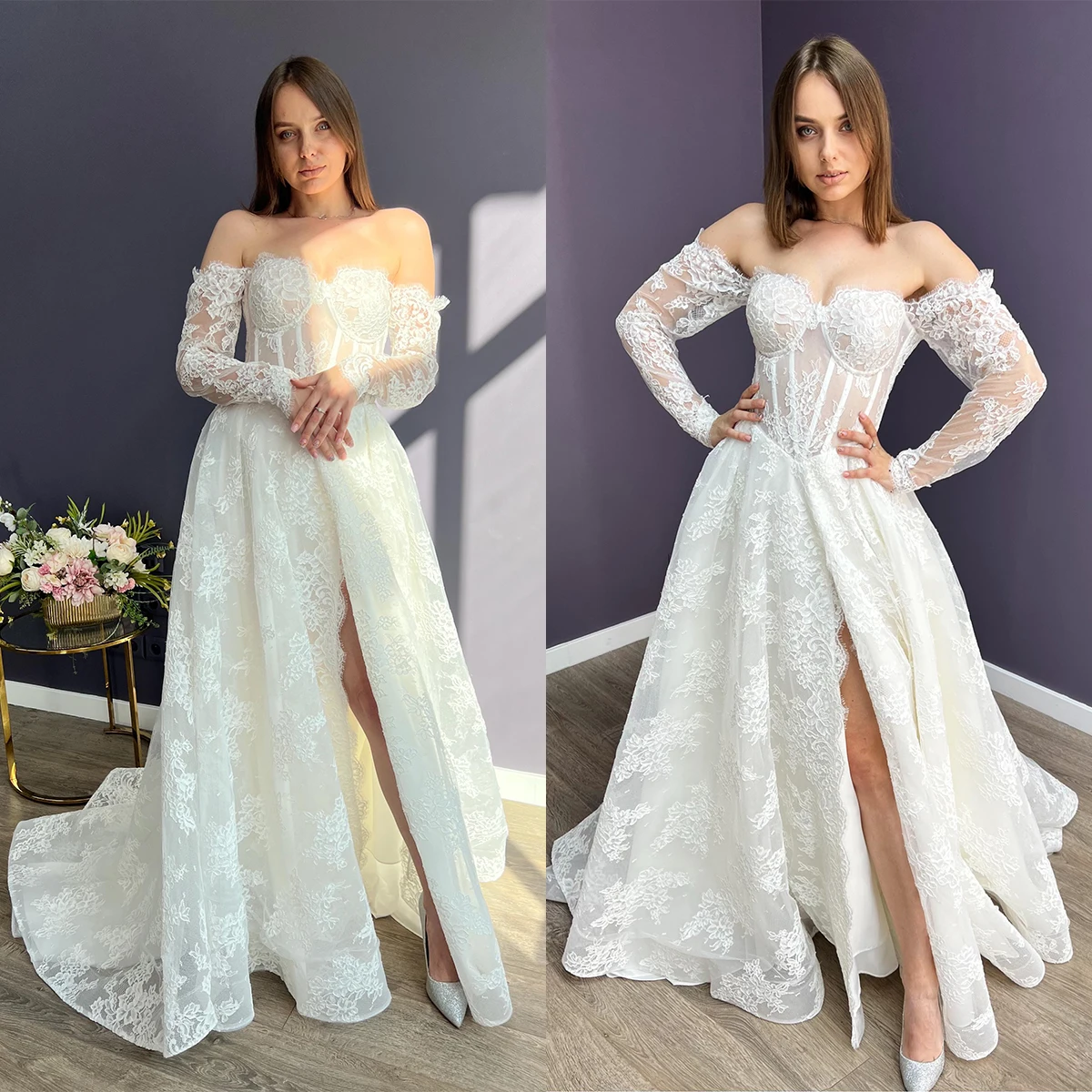 Gorgeous Wedding Dresses Off Shoulder Long Sleeves Appliques Lace A Line Bridal Gowns Custom Made Sweep Train Robe De Mariee