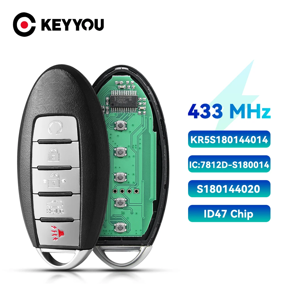 

KEYYOU Fob 433MHz ID47 for Nissan Altima Maxima 2013 2014 2015 KR5S180144014 Keyless 7812D-S180014 S180144020 Prox Remote Key