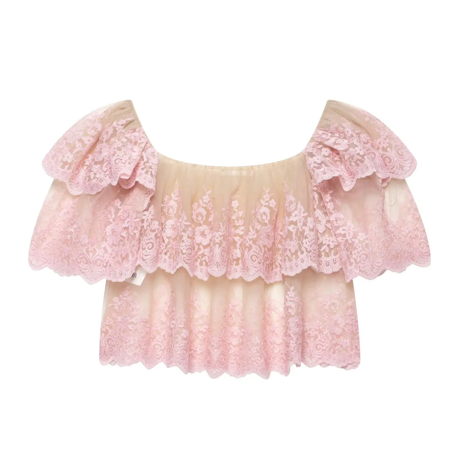 RARA Womens Layered Decor Embroidered Off The Shoulder Top Stylish Ruffled Lace Sleeve Design Ladies Fashion