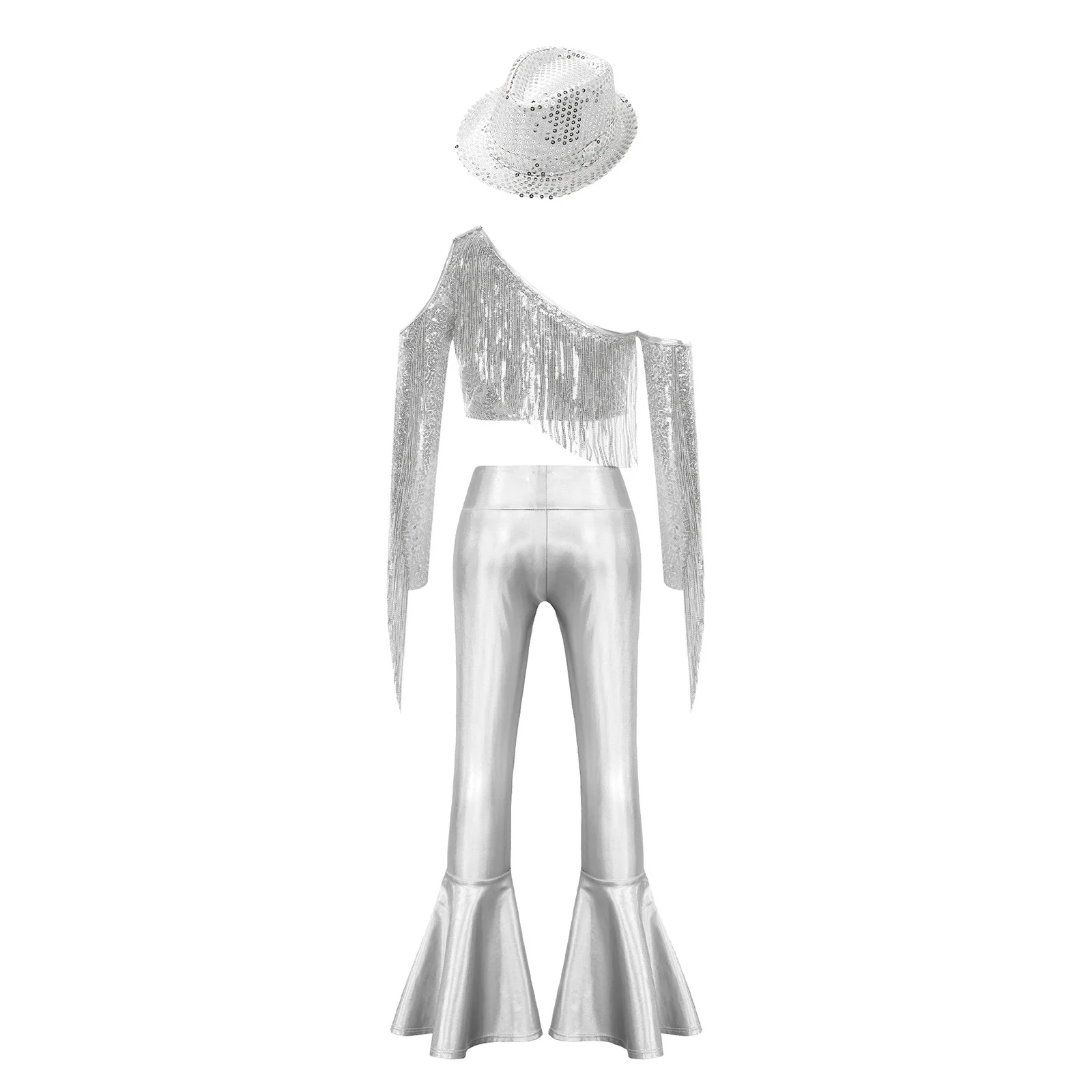 Kids Girls Sequin Tassels Dancewear 60s 70s Disco Sets Top Flares Pants Hat Hippie Jazz Dance Outfit Stage Performance Costume view 4