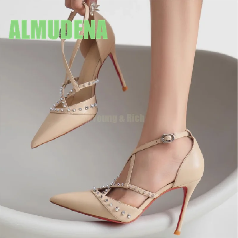 

Rivet Cross Buckle Strap High-Heeled Shoes Fashionable Temperament Exquisite Pointed Toe Breathable Side Air Slim Single Shoe
