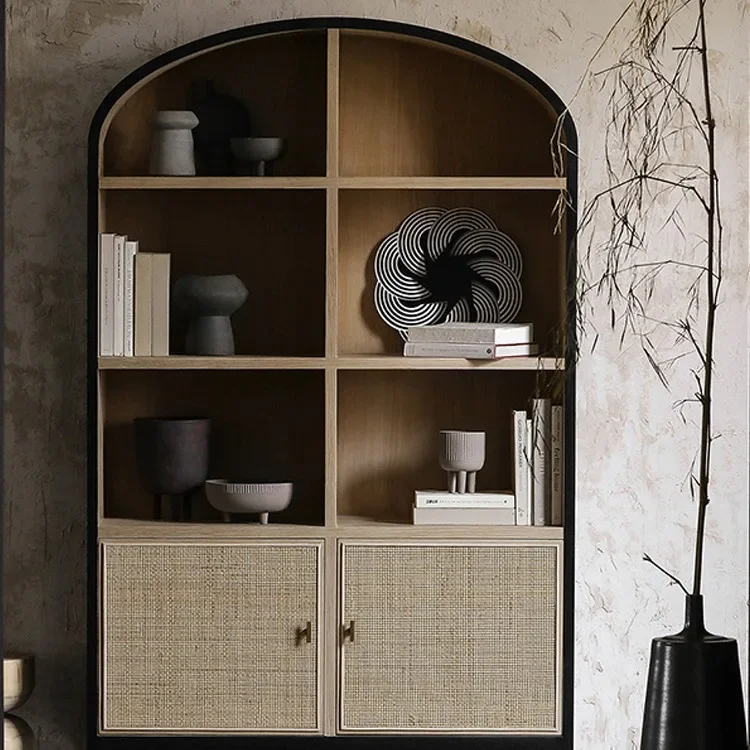 American solid wood bookcase light luxury rattan floor-to-ceiling small bookshelf wine cabinet Nordic dining side cabinet French