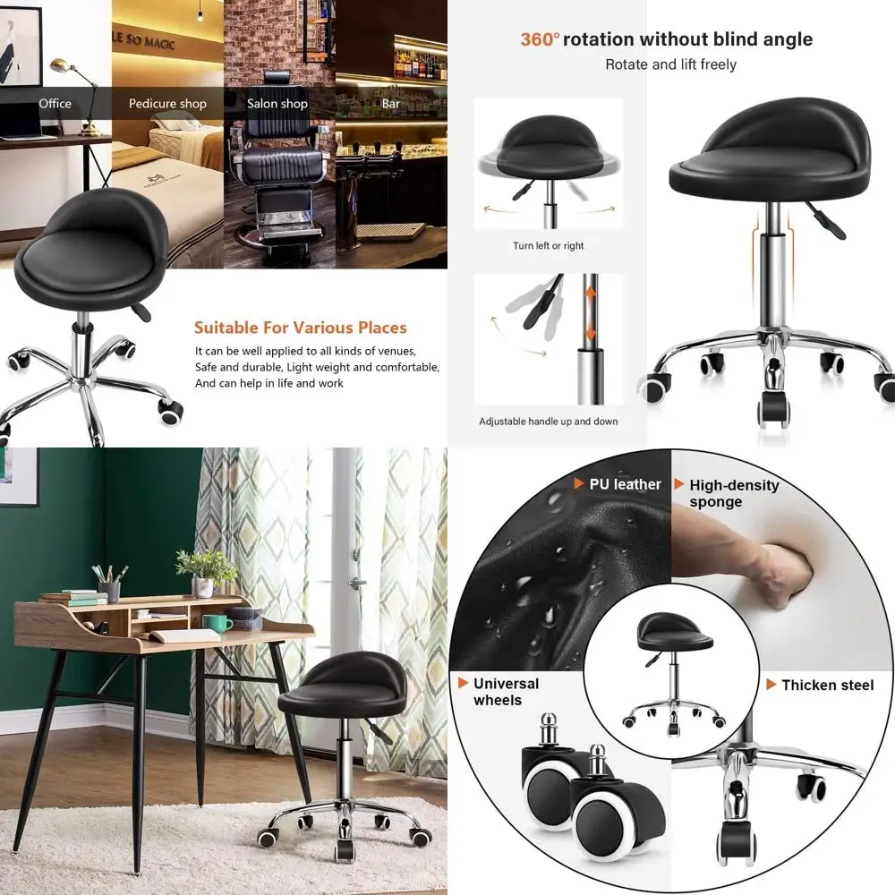 

Adjustable Height Swivel Rolling Stool with Backrest for Work or SPA, Black