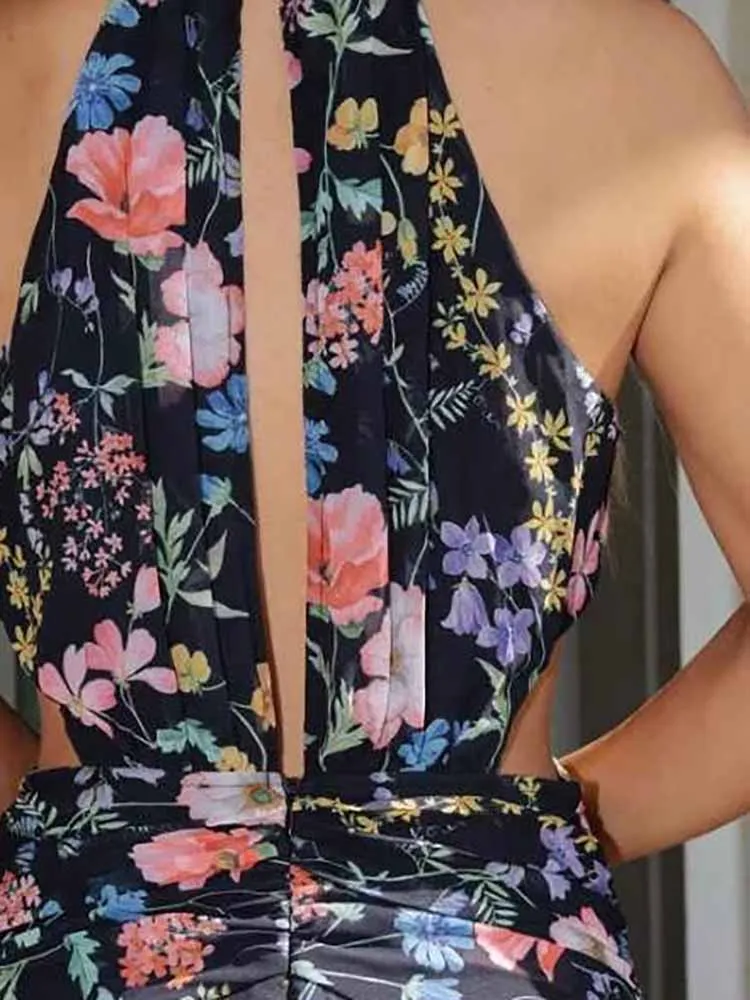 Mode bloemenprint hoge hals feestjurk dames sexy backless uitgehold slanke lange jurk elegante mouwloze taille bohe-jurk
