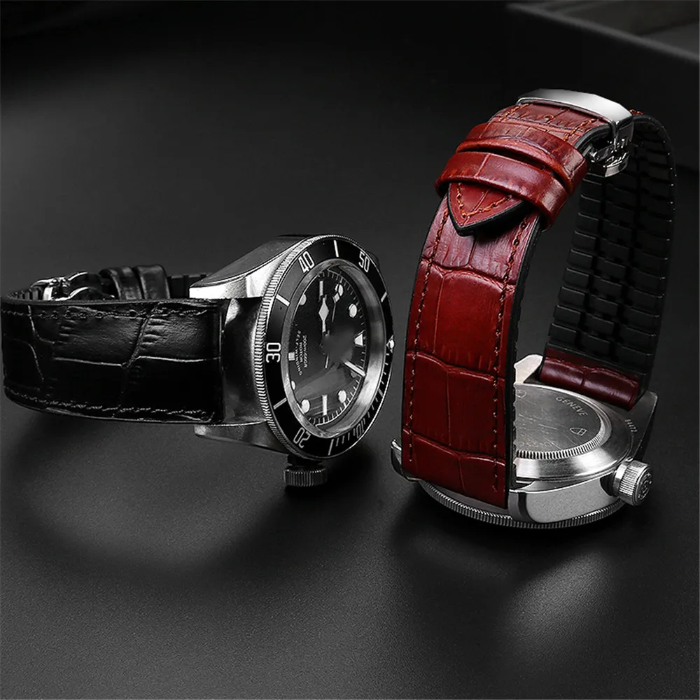 For IWC/Amani/seiko19mm 20mm 22mm Black brown Genuine Leather Rubber Watch Strap Men Waterproof Silicone Cowhide Band Bracele