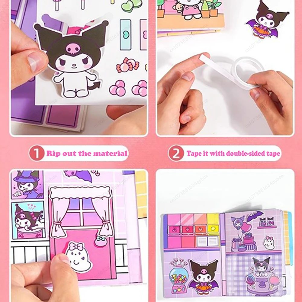 Sanrio Cartoon Quiet Book para Crianças, Livros de Brinquedo Auto Feitos e Duráveis, Não Precisa Cortar, Padrão Bonito, Kuromi Mereti