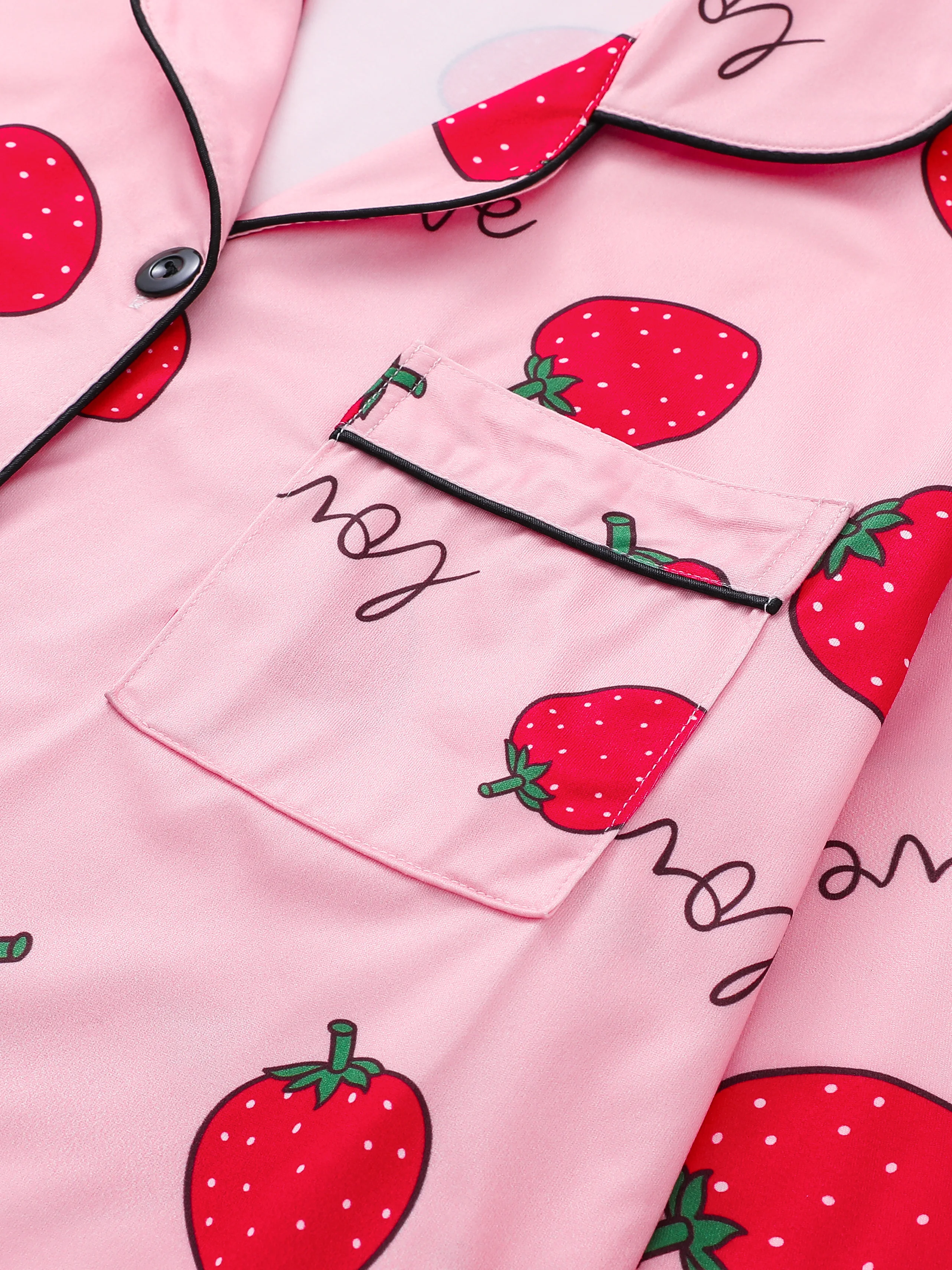 Strawberry heart print pajama set button-down cardigan lapel top loose trousers women\'s loungewear