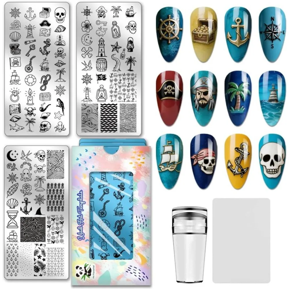 3pc Nautical Treasure Nail Stamping Plate Anchor Lighthouse Nail Arts Stencils Pirate Nails Stamper Ocean Life Nail Image Plates