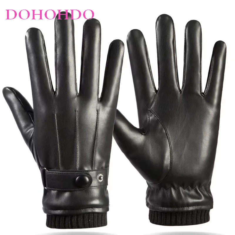 ركوب الدراجات في الخريف والشتاء سميكة مع قفازات مخملية دافئة مقاومة للرياح للدراجات النارية في الهواء الطلق شاشة تعمل باللمس قفازات جلدية سوداء للرجال
