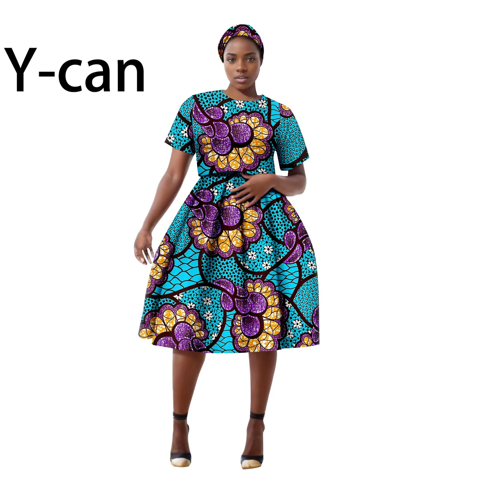 African Women Dress Dashiki Ankara Print O-neck Top and Skirt with Headwrap Wedding Party Clothes Africa Style 2426014