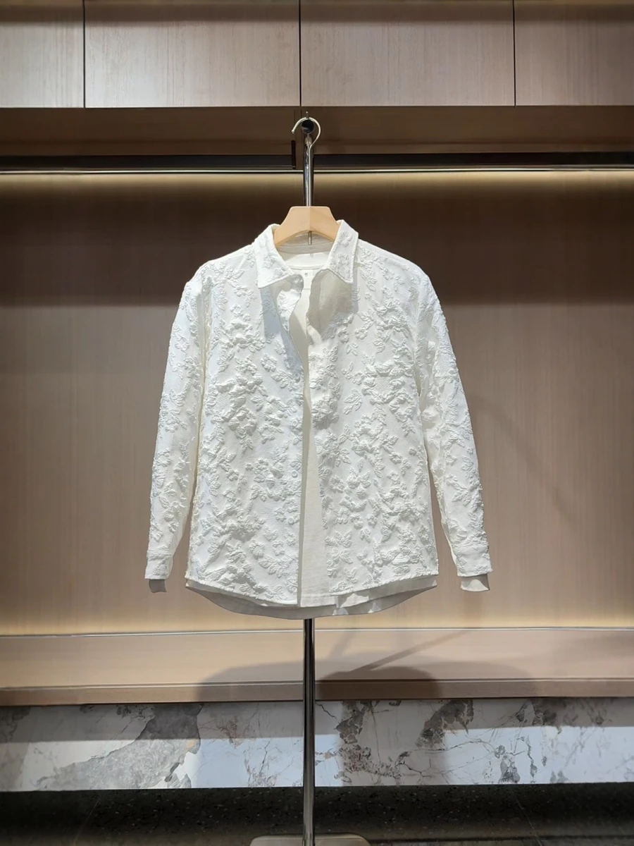 

Модная повседневная мужская рубашка свободного кроя, осень 2025, новинка, удобная, с длинным рукавом, отложным воротником, 3D-вышивкой, для молодежи