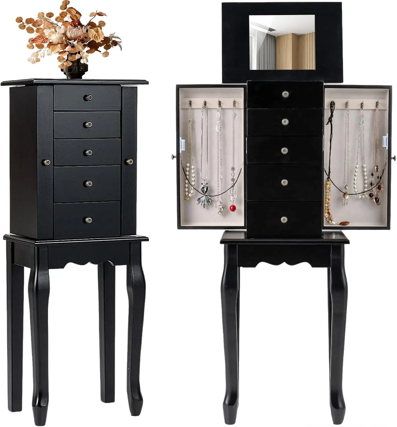 

Напольный шкаф-органайзер для украшений с 4 выдвижными ящиками, откидным зеркалом, верхними отсеками для хранения, 2 боковыми дверцами и 8 крючками для колье