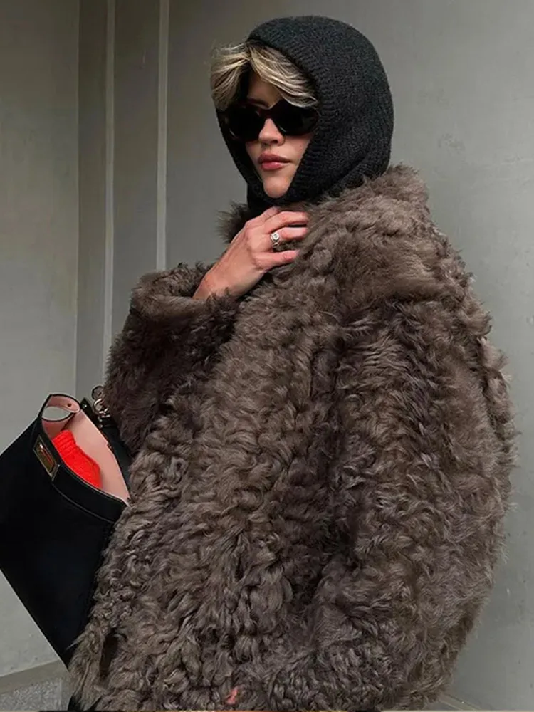 Retro Fluffy Faux Fur Coat Women Casual Single-Breasted Lapel Khaki Jacket Coats Female Autumn Warm Loose Chic Street Outwear