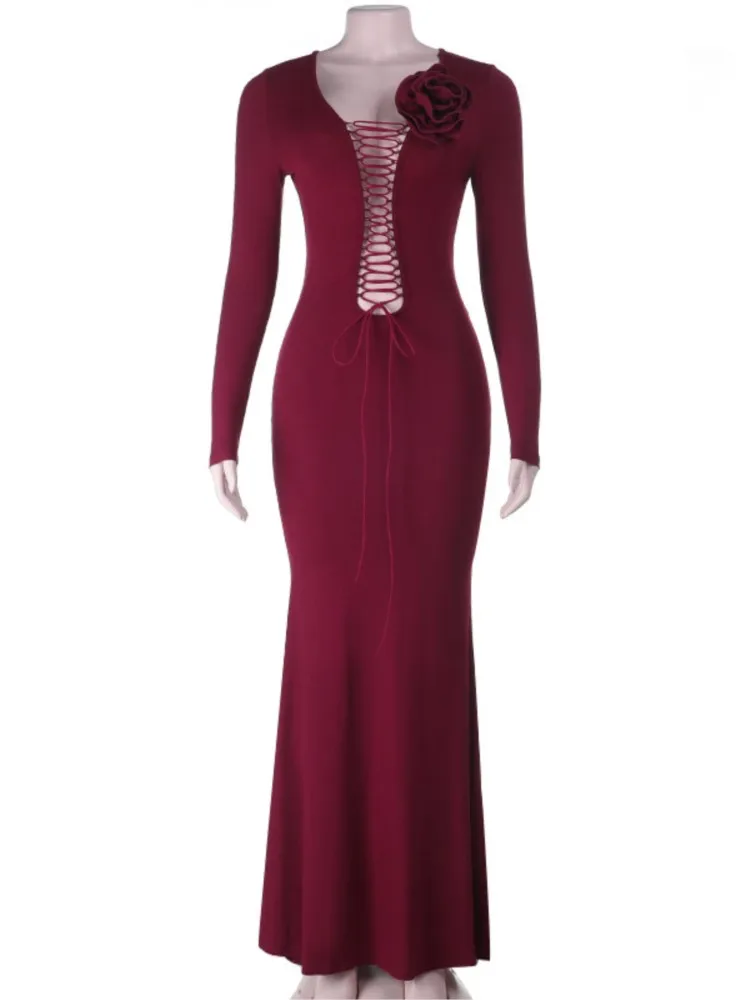 เดรสยาวผู้หญิง ฤดูใบไม้ผลิ ฤดูร้อน 2026 แฟชั่นฤดูใบไม้ร่วง แขนยาว ผูกเชือก เซ็กซี่ หรูหรา สำหรับงานเลี้ยงตอนเย็น ทรงเข้ารูป ยืดได้