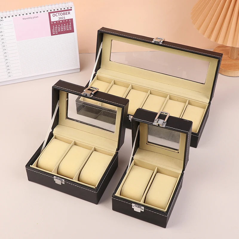 2/3/6 Grids PU Leather Display Storage Collection Organizer Watch Case With Transparent Glass Lid Watch Bracket Display Box