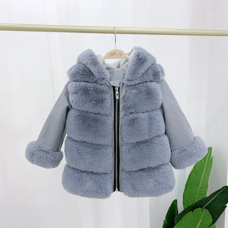 2023 autunno neonata vestiti invernali cappotto di cotone coreano Unisex capelli di coniglio con cappuccio imitazione pelliccia corta calda tinta