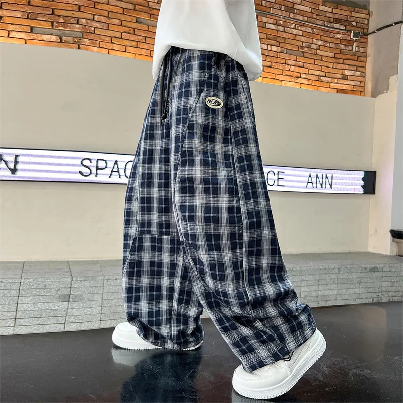 Summer 2026 Boys Plaid Pants Hot Sale Children Long Casual Pants Cotton Teenage Elastic Waist Trousers 5-14Years Kids Sweatpants