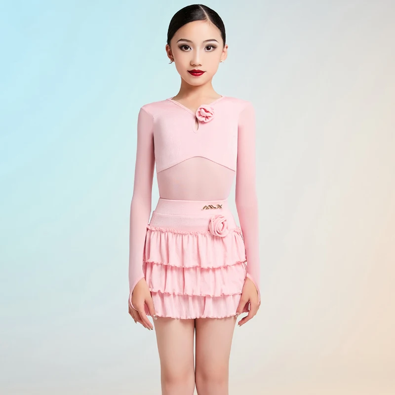 2025 crianças rosa camisa de manga comprida bolo saia roupas de treinamento de dança latina para meninas chacha rumba dança latina wear dqs21338