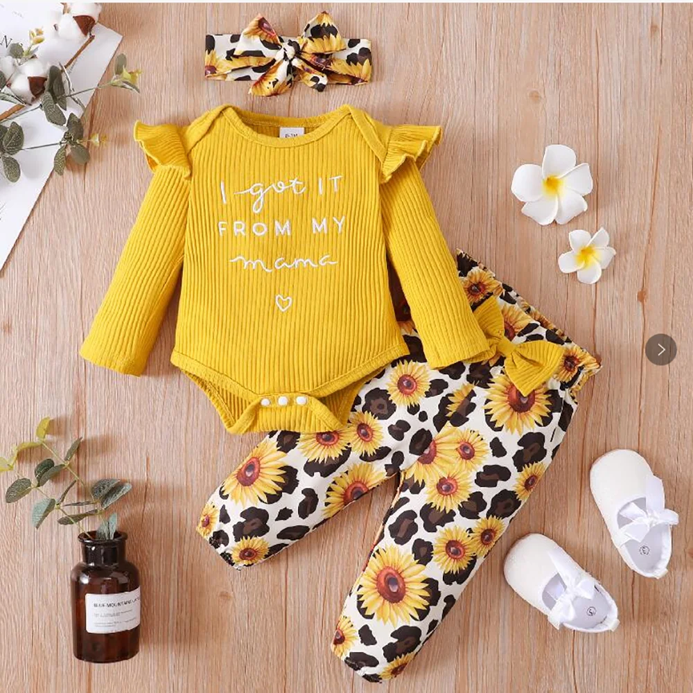 0-18 Months Baby Girl Clothes Set Long Sleeve Jumpsuit+Sunflower Pants+Headband Toddler Baby Fashion Outfit Suit Daily Clothing