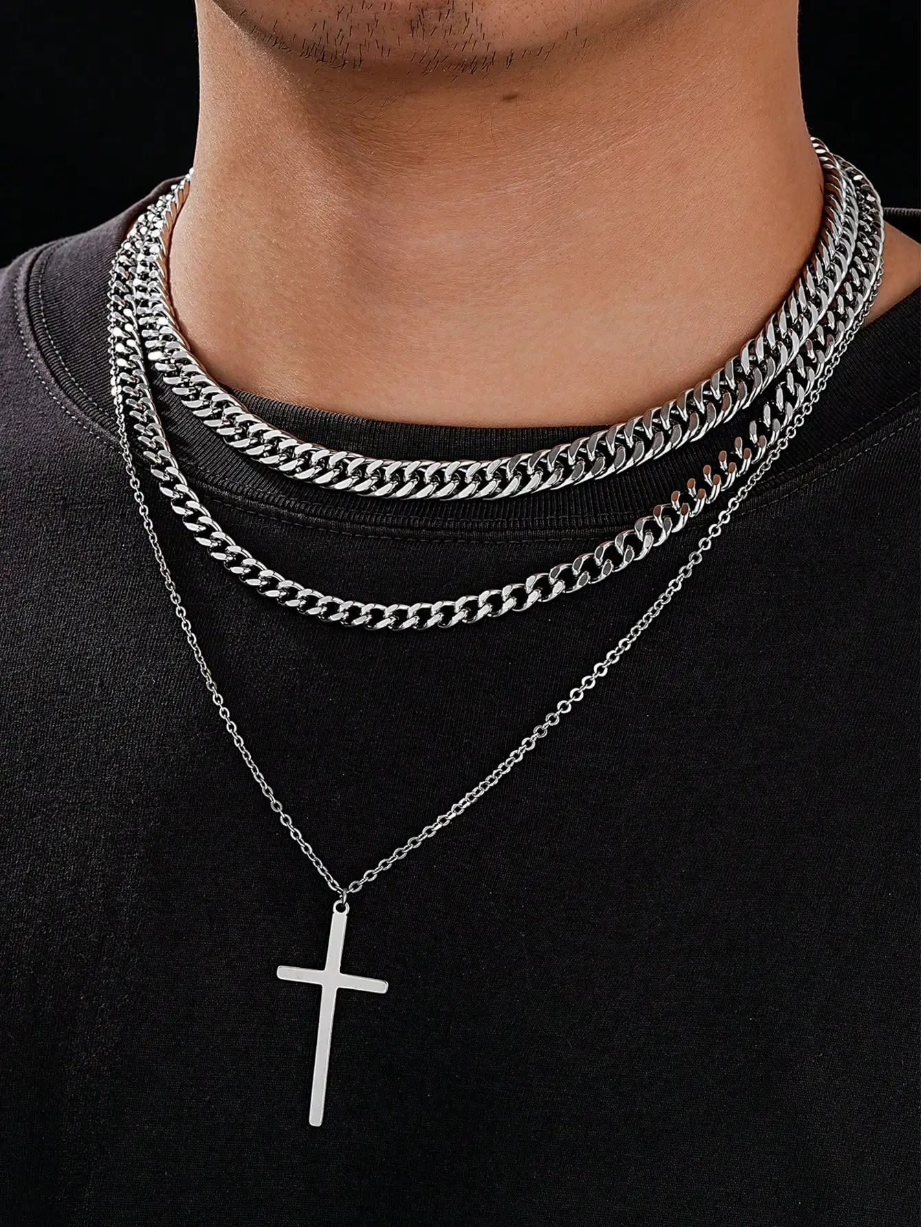 

Men's Stainless Bar Layered Necklace Punk Fashion Retro Multi Chain Jewelry