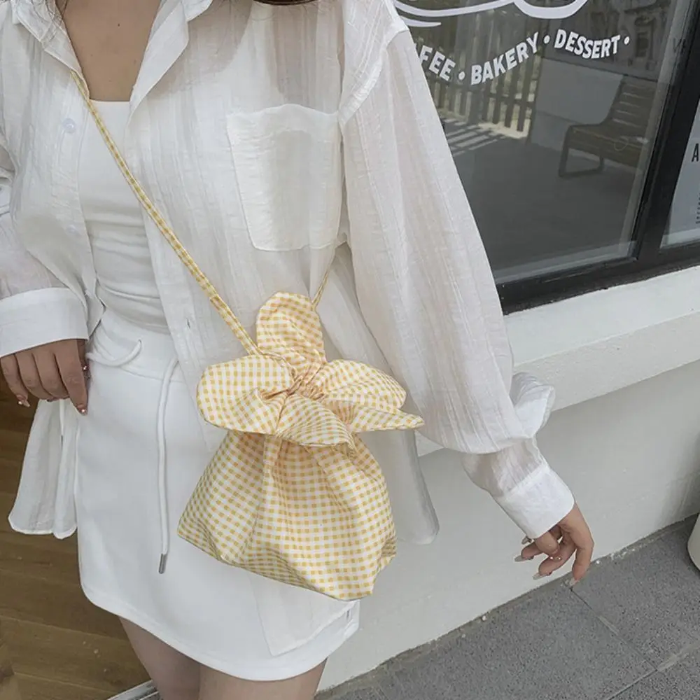 

Повседневная сумка в корейском стиле с клетчатым принтом и завязками, милая сумка-клатч с цветочным принтом, сумка для хранения, маленькая тканевая сумка через плечо для покупок