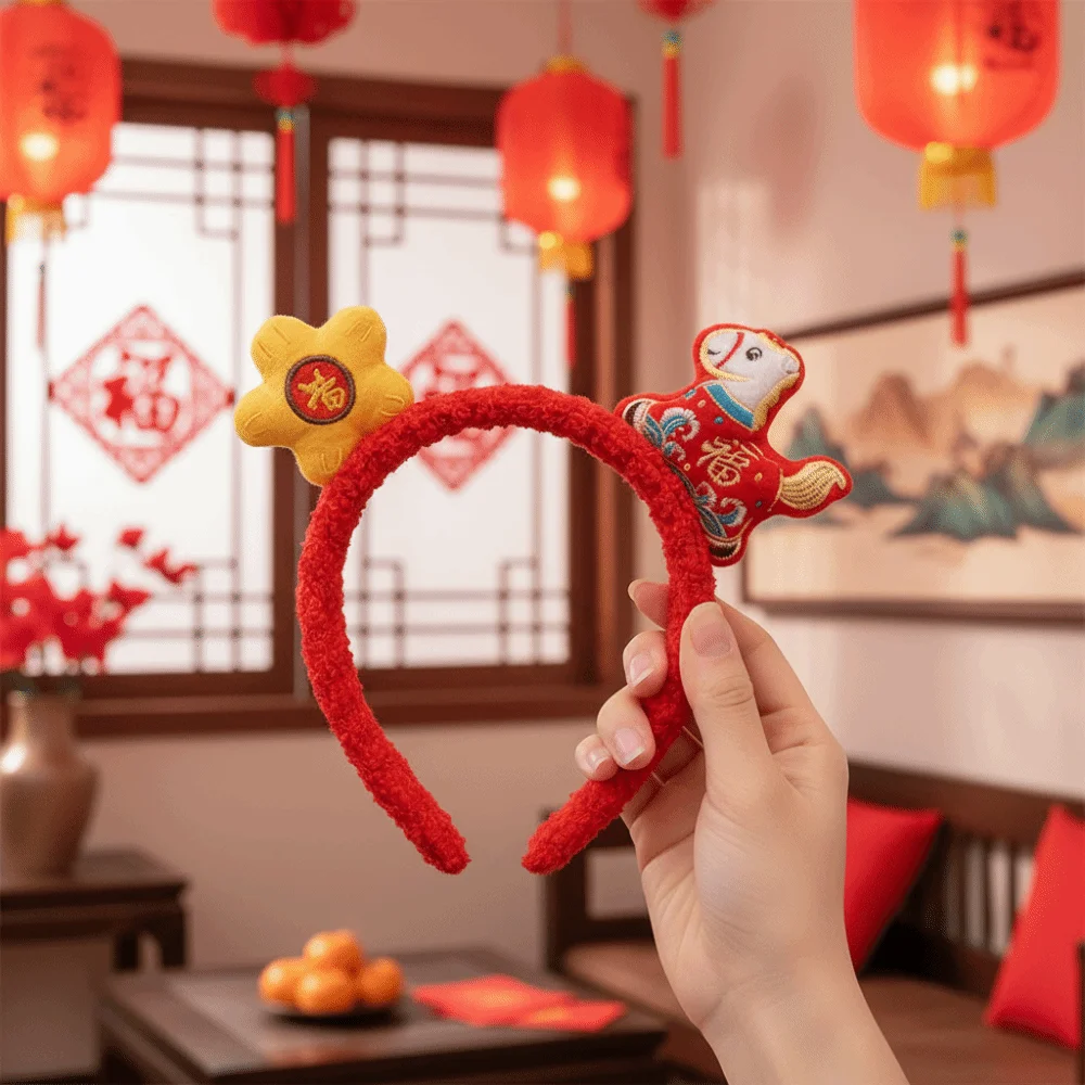 

Милый мультяшный обруч из конского волоса, талисман пони, 2026, новогодняя повязка на голову, удача, красный новогодний головной убор, украшение для вечеринки