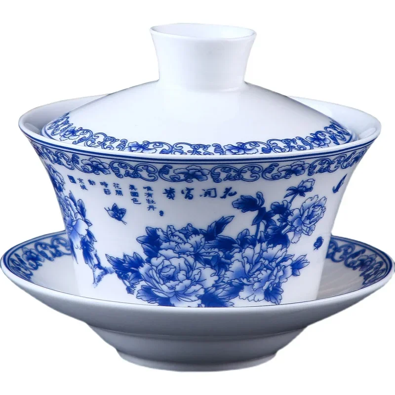 Hand Painted Blue and White Porcelain Gaiwan, Kung Fu Tea Set, Tea Cup, Porcelain Bowl for Travel, Easy Kettle, 200ml, 300ml