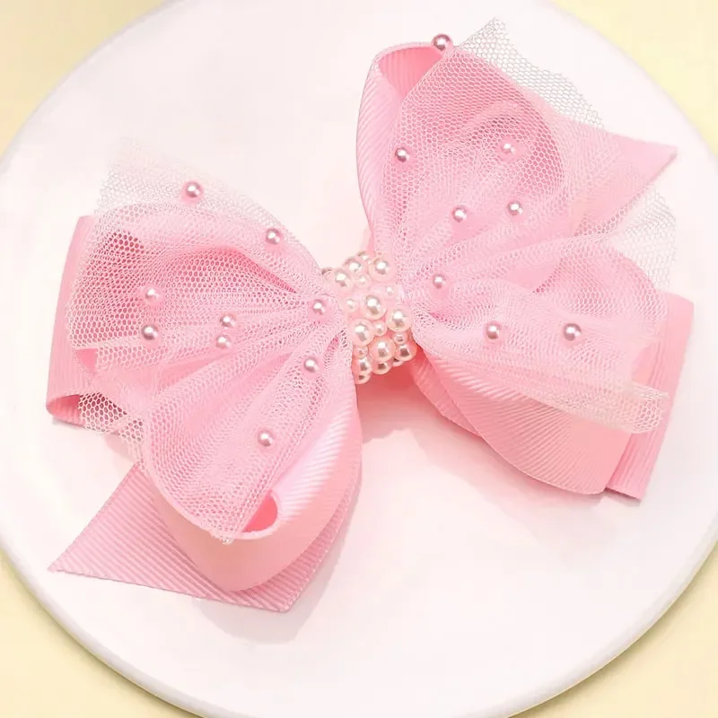 Sweet Pink Pearl Bowknot Hairpins Cute Girls Lace Hair Clips Kids Hair Styling Tools Boutique Headwear Girls Hair Accessories