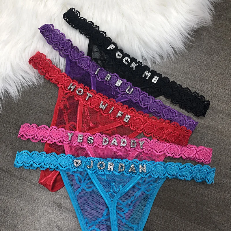 Custom G-String T-back Panties Crystal Letters Name Sexy Women Lace Underpants Customized Personalised Thong Lover Wife Gift