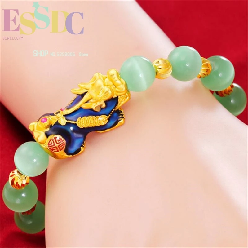 Fashion Female's 10mm Natural Green Onyx Sand Gold Change Color Pixiu Charm Bracelet Transfer Luck Best Gift to Her