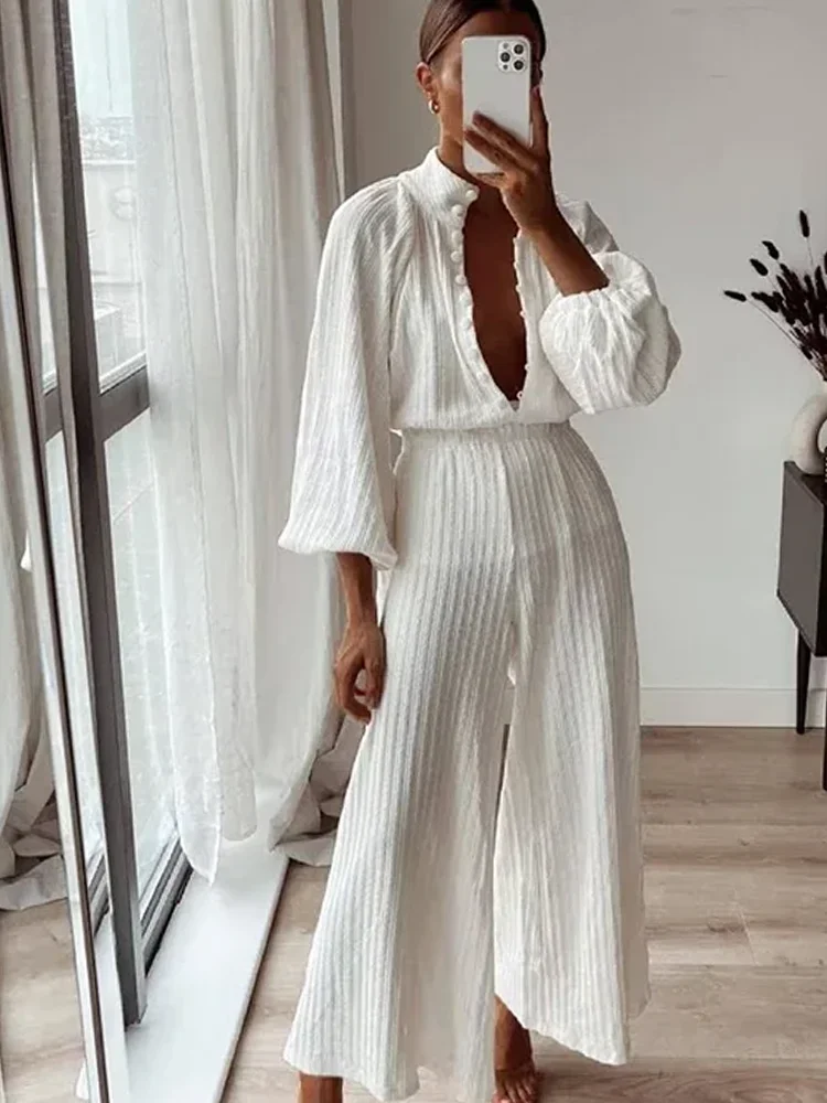 Autumn Winter White Stand Collar Casual Pleated Buttons Flare Pants Suit New Women Elegant High Waist Bishop Sleeve 2 Piece Set