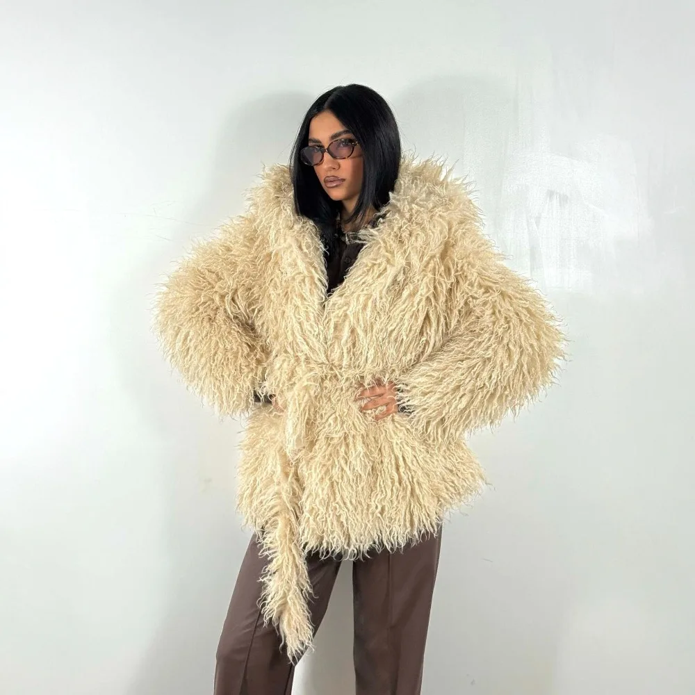 Gentle Wind Imitation Beach Wool Hooded Fur Coat Autumn and Winter Women's Trend Loose Thick Warm Belt Curly Woolen Woolen Coat - view 2