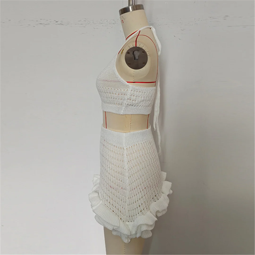 Neues, gerüschtes, halterloses, ausgeschnittenes, gehäkeltes, gestricktes 2-teiliges Set, Sommerkleid, Strandkleidung, Cover-up, zweiteiliges Set für Damen, V7169 – Detail 12