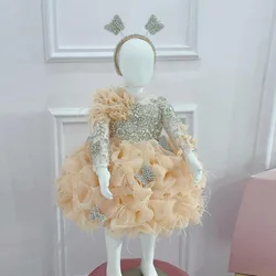 Champagne 3D Floral Child Flower Girl Dress For Wedding Fluffy Ruffled Tulle Ball Gown Kid Princess Crystal Sheer Mesh Kid Dress