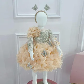 Abito da ragazza di fiore floreale champagne 3D per matrimonio Abito da ballo in tulle soffice con volant Abito da principessa per bambini in maglia trasparente di cristallo