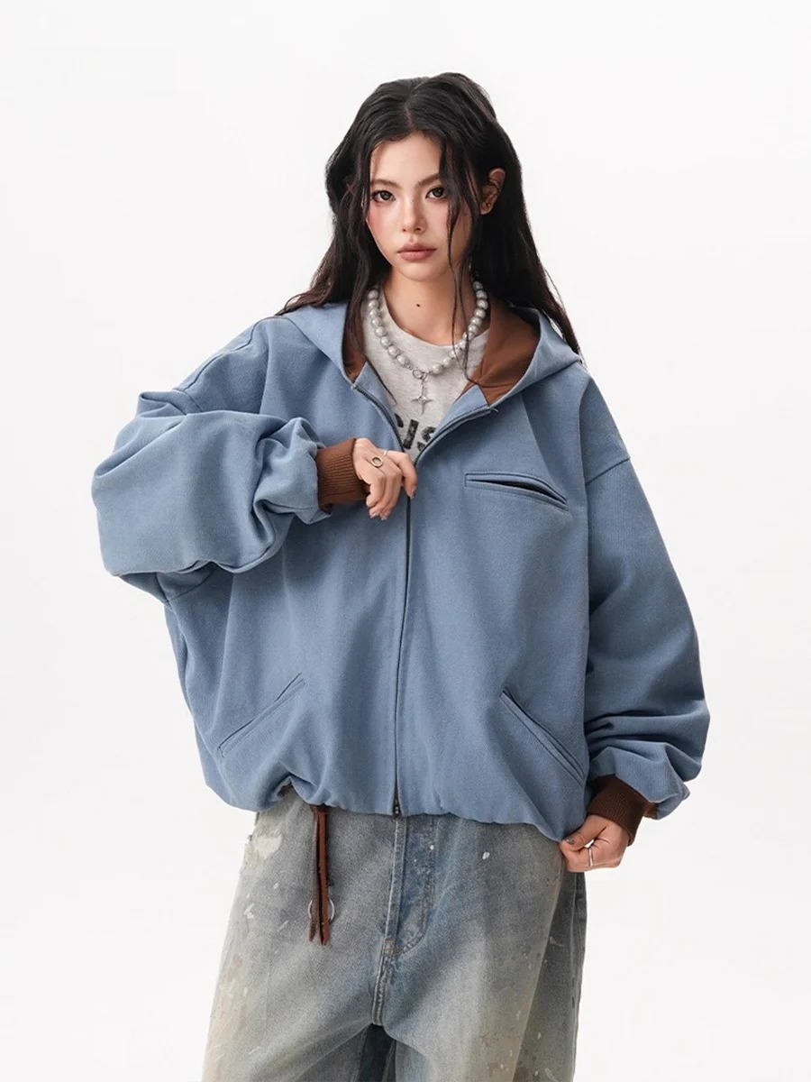 

Unisex Washed Canvas Hooded Jacket Spring Trendy Loose Workwear Jacket Color Block Short Top for Men And Women