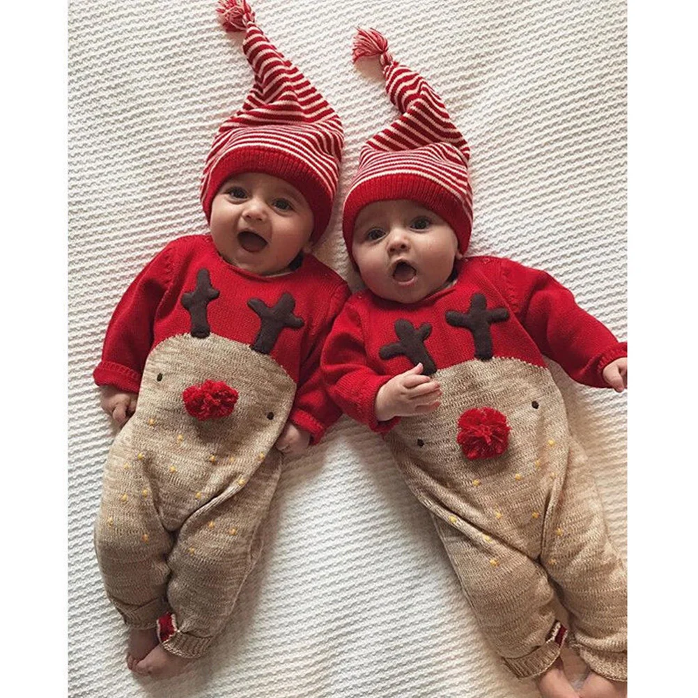 Newborn Baby Boys Girls Christmas Long Sleeve Red Nose Cartoon Reindeer Pajama Jumpsuit Stripe Hat Bodysuit Set Suitable for 12-