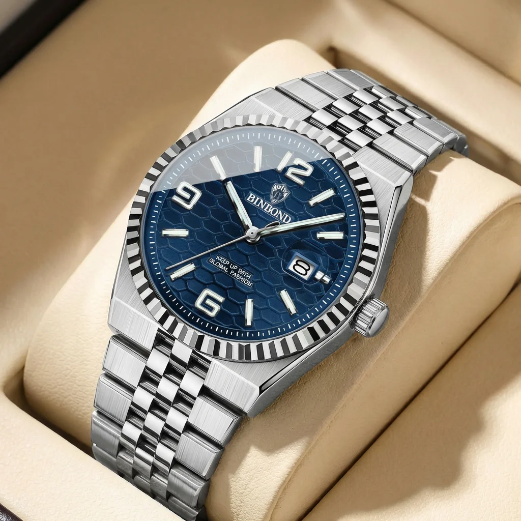 4pcs Men's Blue Honeycomb Stainless Steel Classic Luminous Date Striped Bezel Quartz Watch Gift Box Set Business Daily Christmas