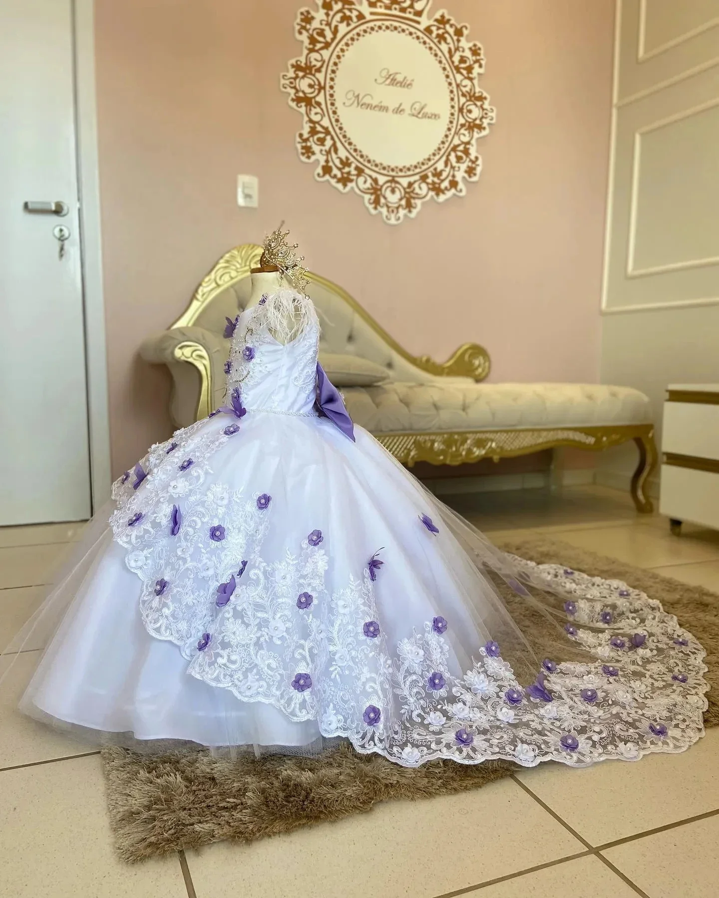 White Flower Girl Dresses For Wedding Lace Purple 3d Floral With Bow Toddler Pageant Ball Gowns Tulle First Communion Dress