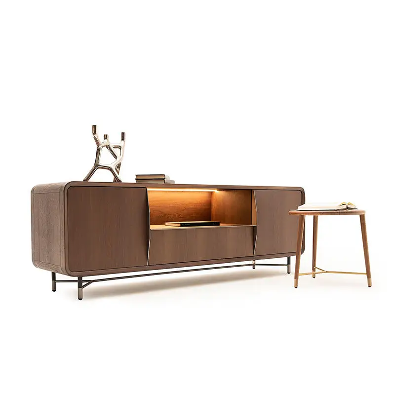 

Minimal leather TV cabinet Nordic style walnut floor cabinet living room Nordic style furniture customization