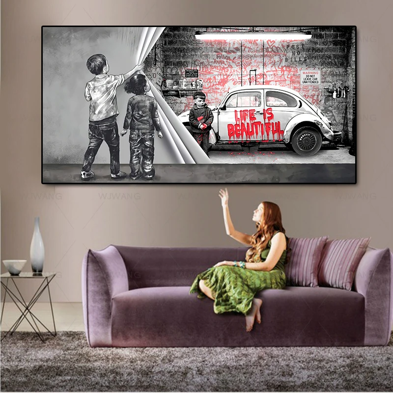 

Banksy Street Art Little Boy Graffiti Painting Life Quotes Canvas Print Posters and Prints Canvas Wall Art for Living Room Home