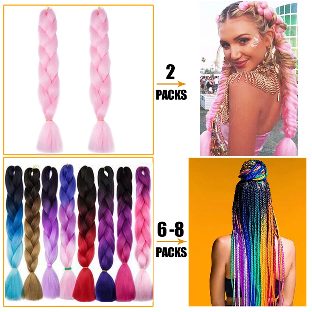 AZQUEEN Synthetic Braiding Hair 24 Inch Jumbo Braid Ombre Jumbo Hair Extension for Women DIY Hair Braids Purple Pink Yellow Red