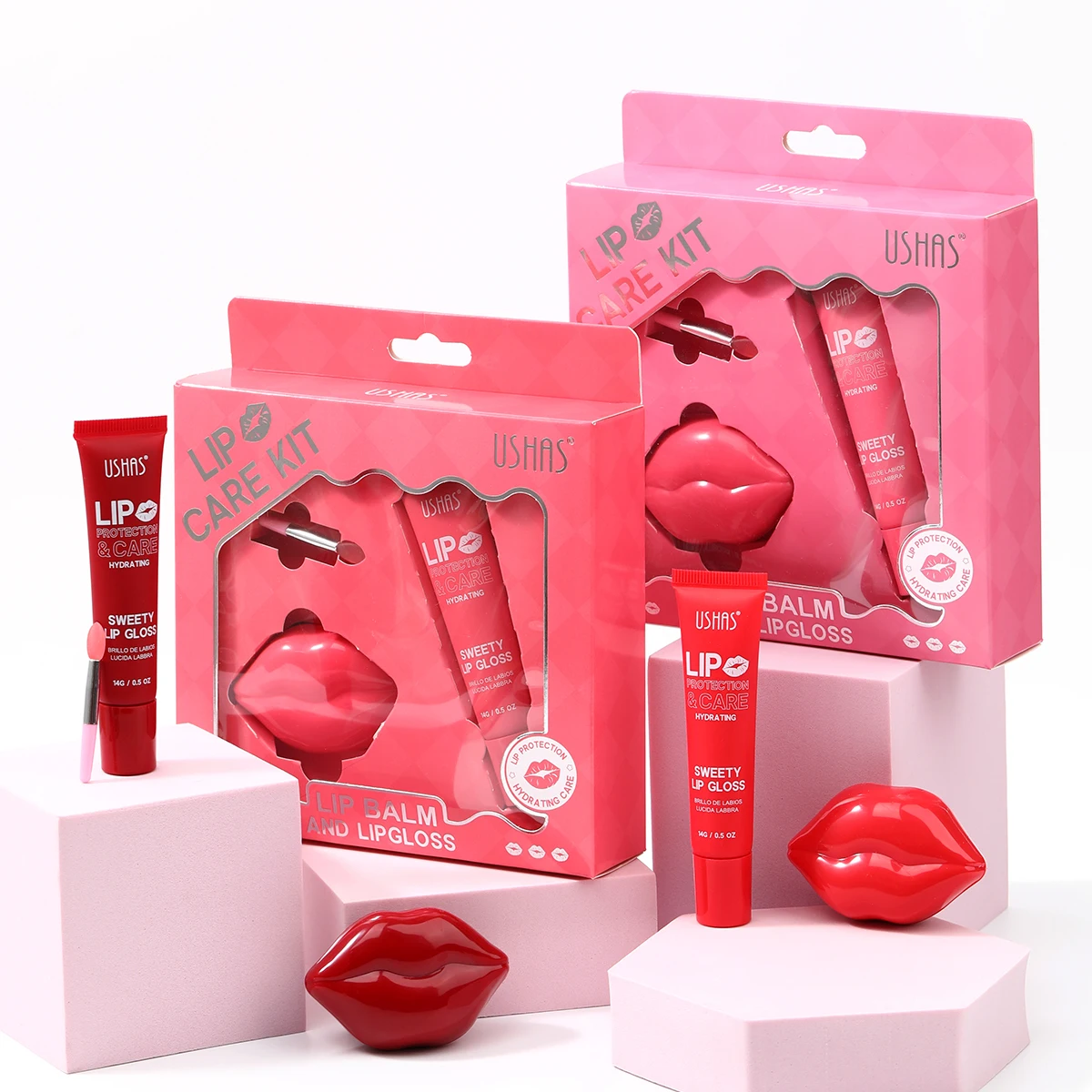 O conjunto USHAS Sweetheart Lip Color e Lip Balm fornece proteção hidratante para lábios secos e rachados.