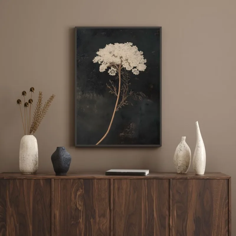 Vintage Antique Dark Flower Sage Green Botanical Moody Cloud Wildflower Poster Canvas Painting Wall Art Pictures Home Decor