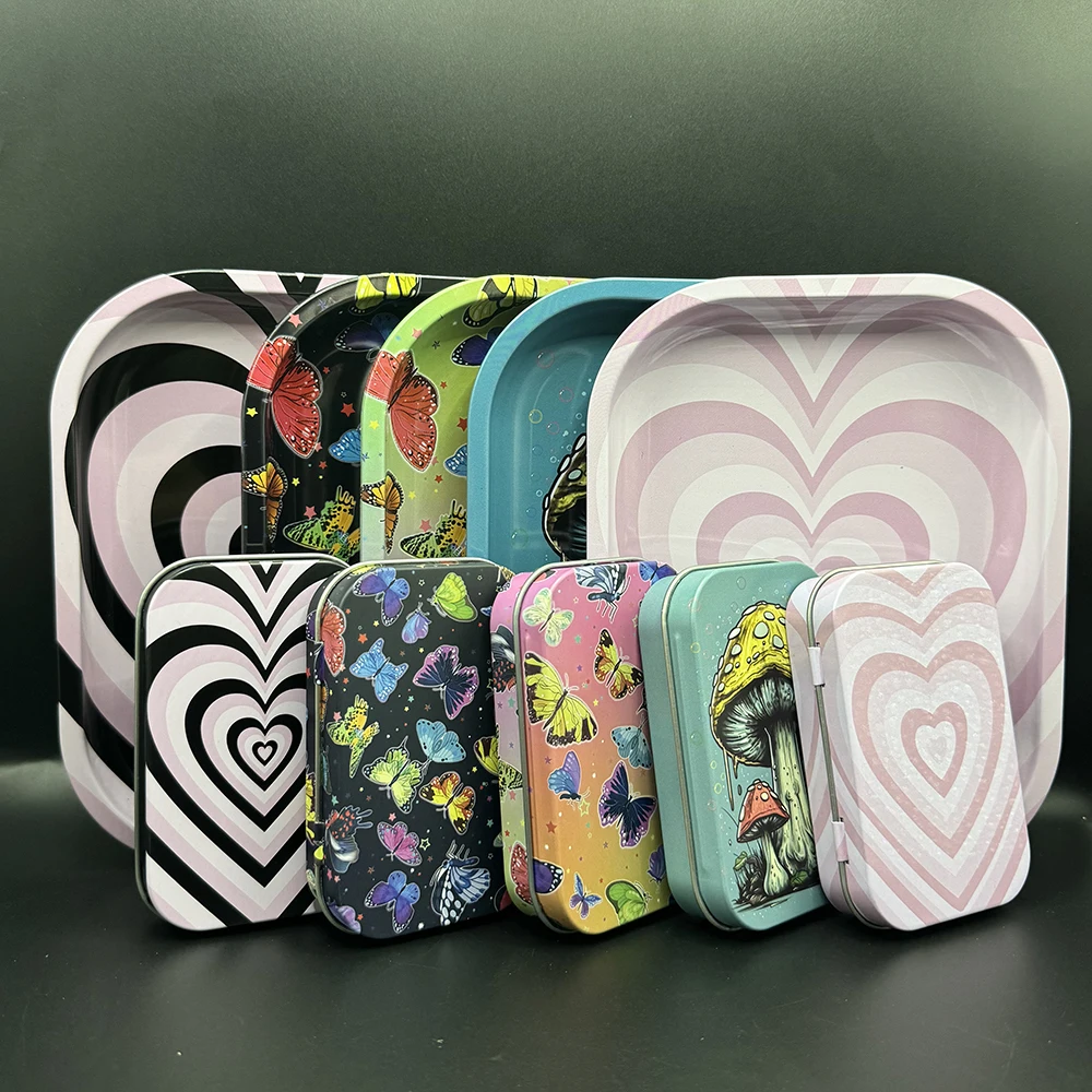 2Pcs 18X14cm Metal Tobacco Tinplate Rolling Tray with Dish Tin Storage Plate Small Container Cigarette Case Smoking Accessories