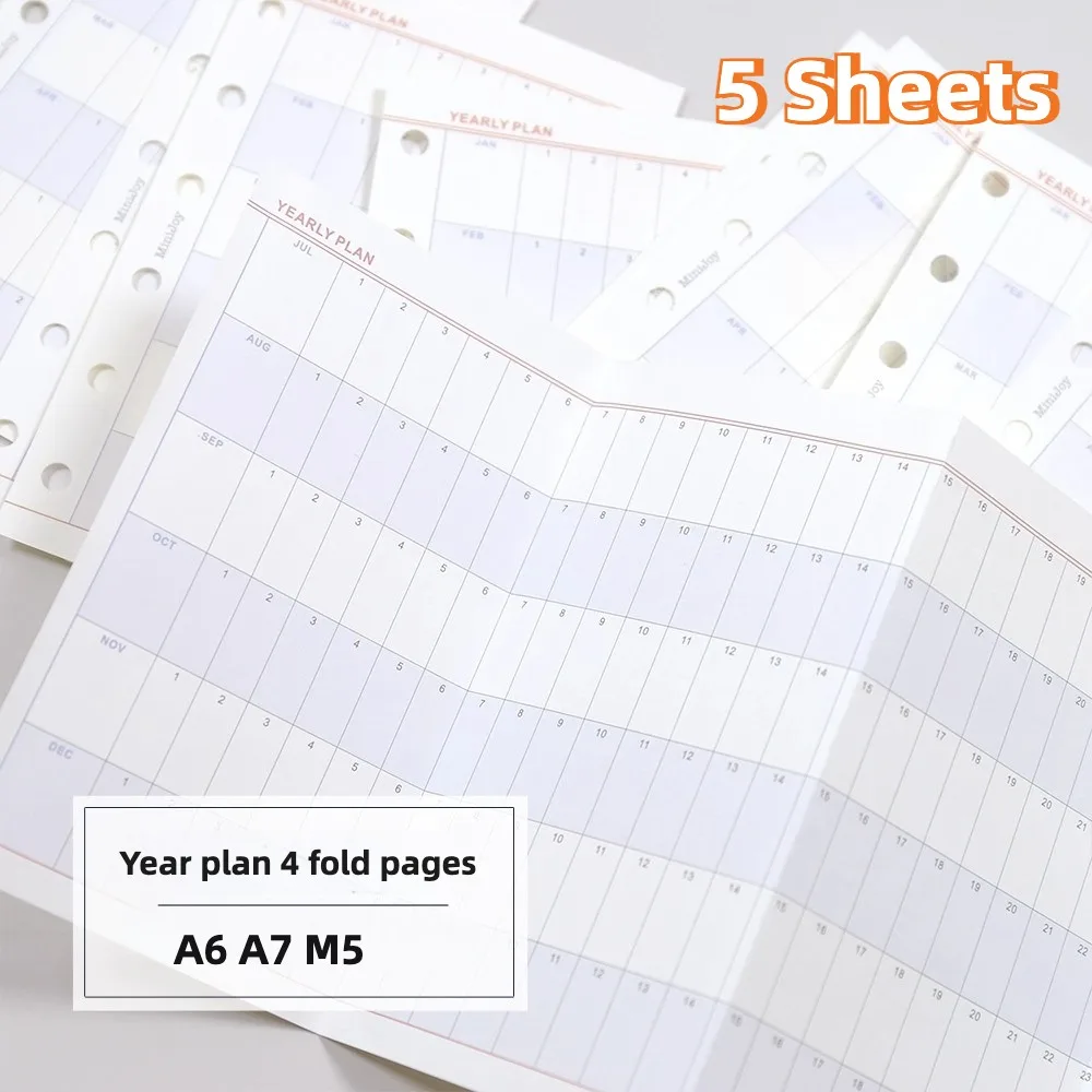 5 Sheets A6 A7 M5 Colorful Annual Planner Refill Pages 4 Fold Loose Leaf Paper Undated Schedule Data Recording Stationery