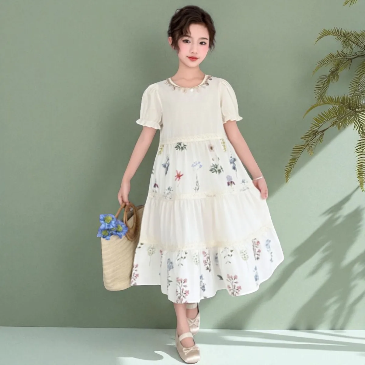 Summer School Costumes Short Sleeve Outfits Party Dress Children Vestidos 6-12 Y Baby Kids Lace Floral Dresses for Girls Clothes