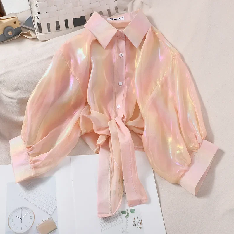 Buttoned Up Shirts Women Half Sleeve Shining Sparkles Tied Waist Sexy Chiffon Blouses Shirts For Women 2023 Summer Autumn